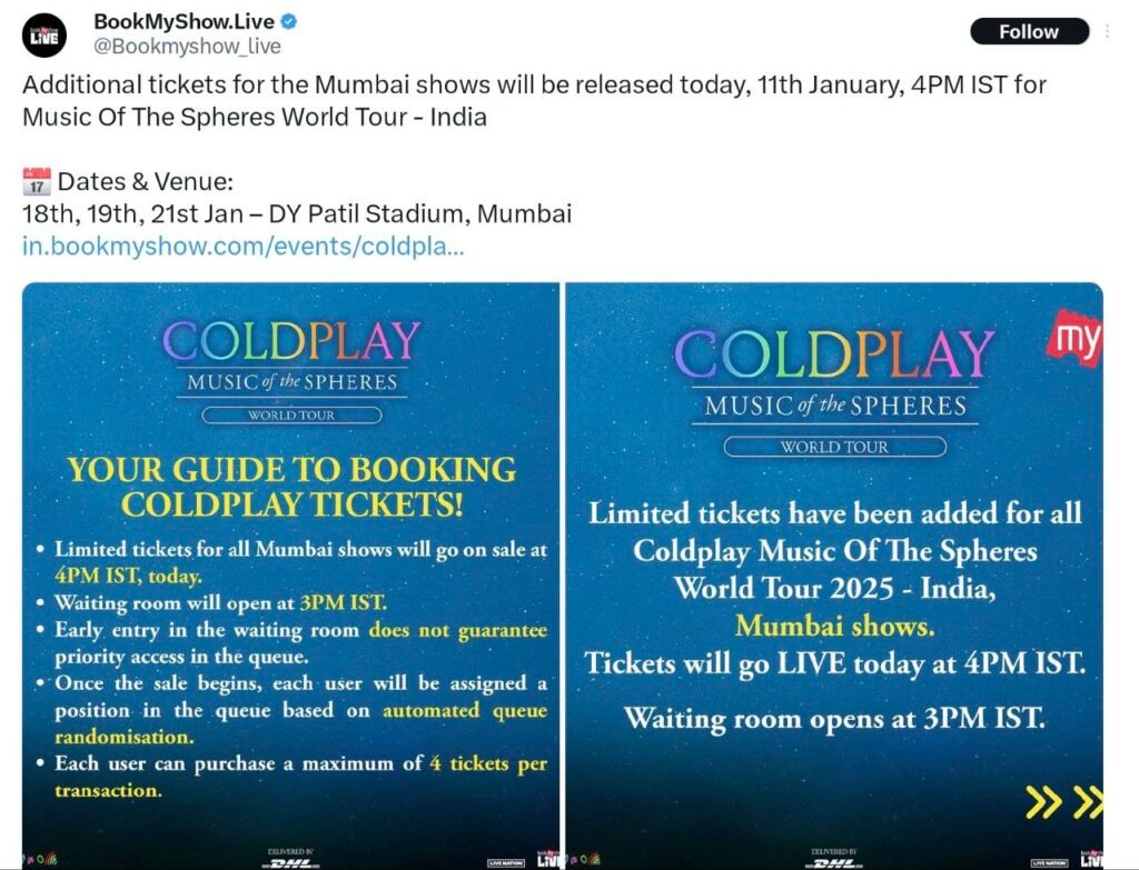 Coldplay announces extra tickets for their Mumbai shows, set to be available from 4 pm